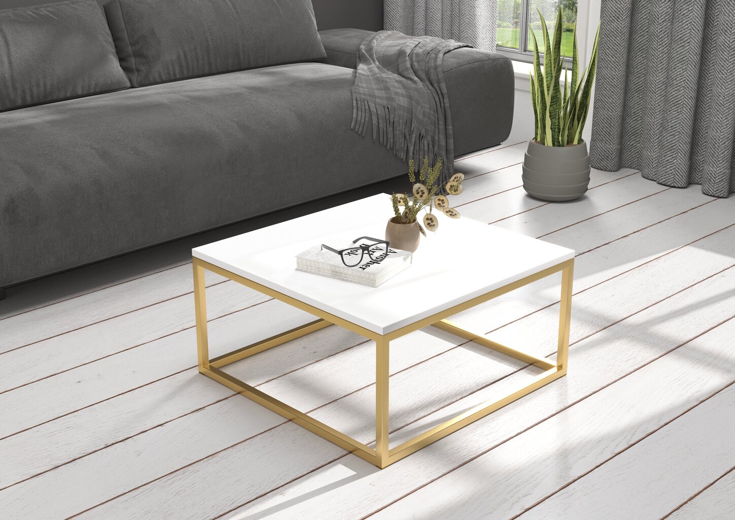 Kafijas galdiņš ADRK Furniture Belten 65x65cm, balts/zelta cena un informācija | Žurnālgaldiņi | 220.lv