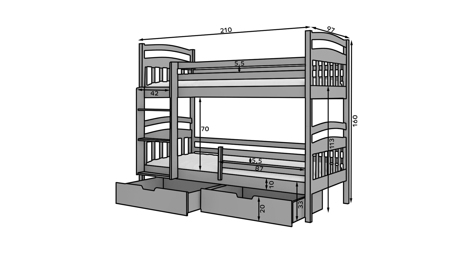 Divstāvu gulta ADRK Furniture Ada 90x200cm, balta cena un informācija | Bērnu gultas | 220.lv