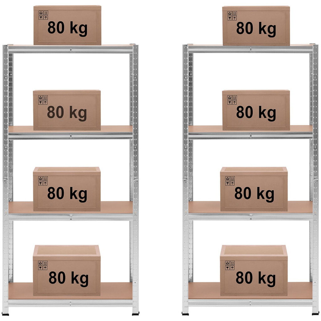 Metāla plaukts 4 plaukti 320 kg 80 x 40 x 160 cm pelēks 2 gab. cena un informācija | Saimniecības plaukti | 220.lv