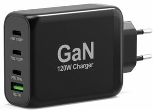 Порт зарядного устройства Подача питания и быстрая зарядка 120 Вт GaN USB-C и USB-A Черный цена и информация | Зарядные устройства для телефонов | 220.lv