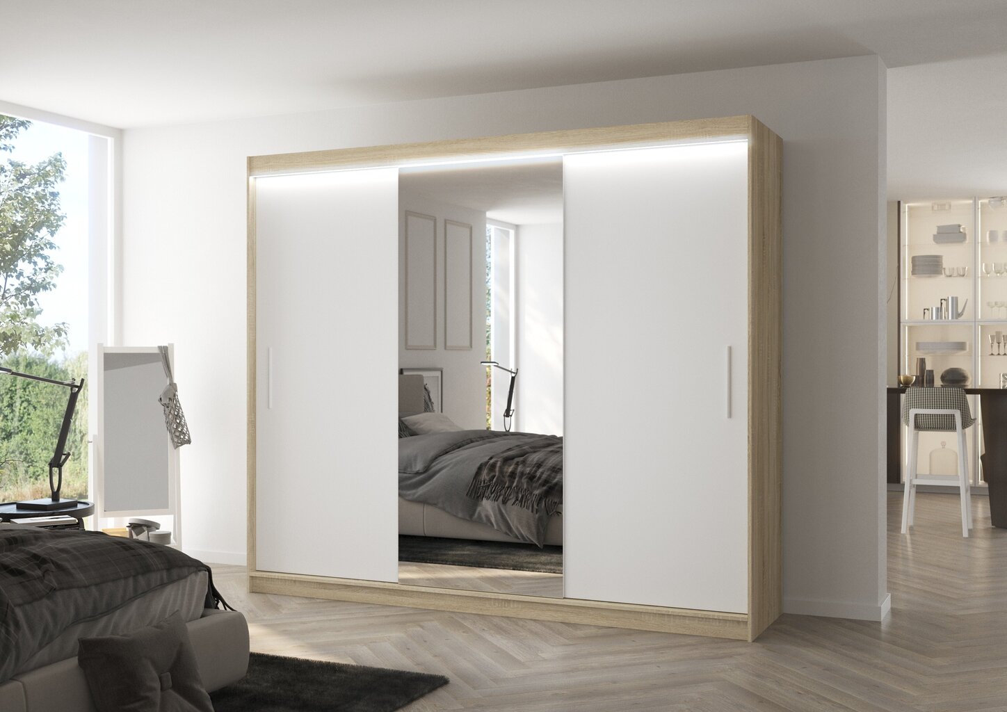Skapis ADRK Furniture ar LED apgaismojumu Denis 250, balts/smilšu cena un informācija | Skapji | 220.lv