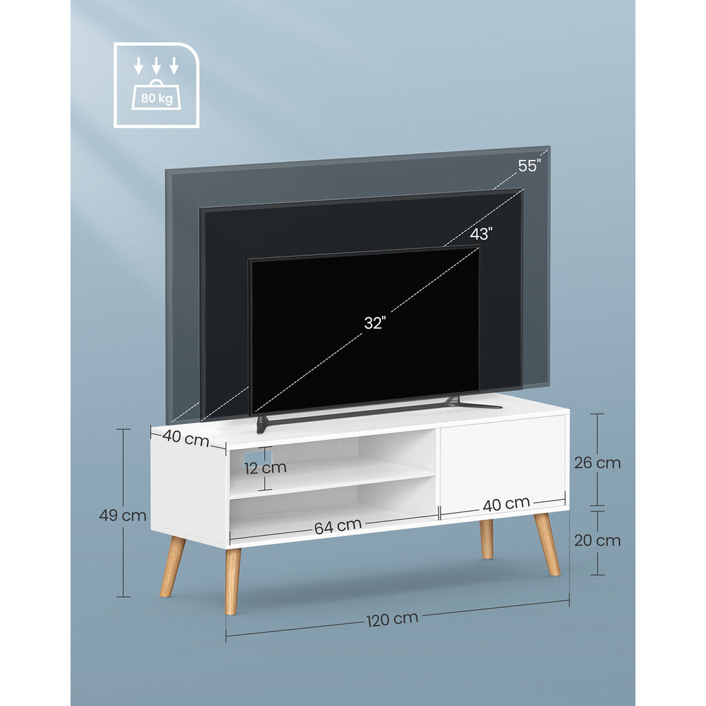 TV statīvs ar atvērtiem plauktiem Vasagle, 40x120x49 cm, balts cena un informācija | TV galdiņi | 220.lv