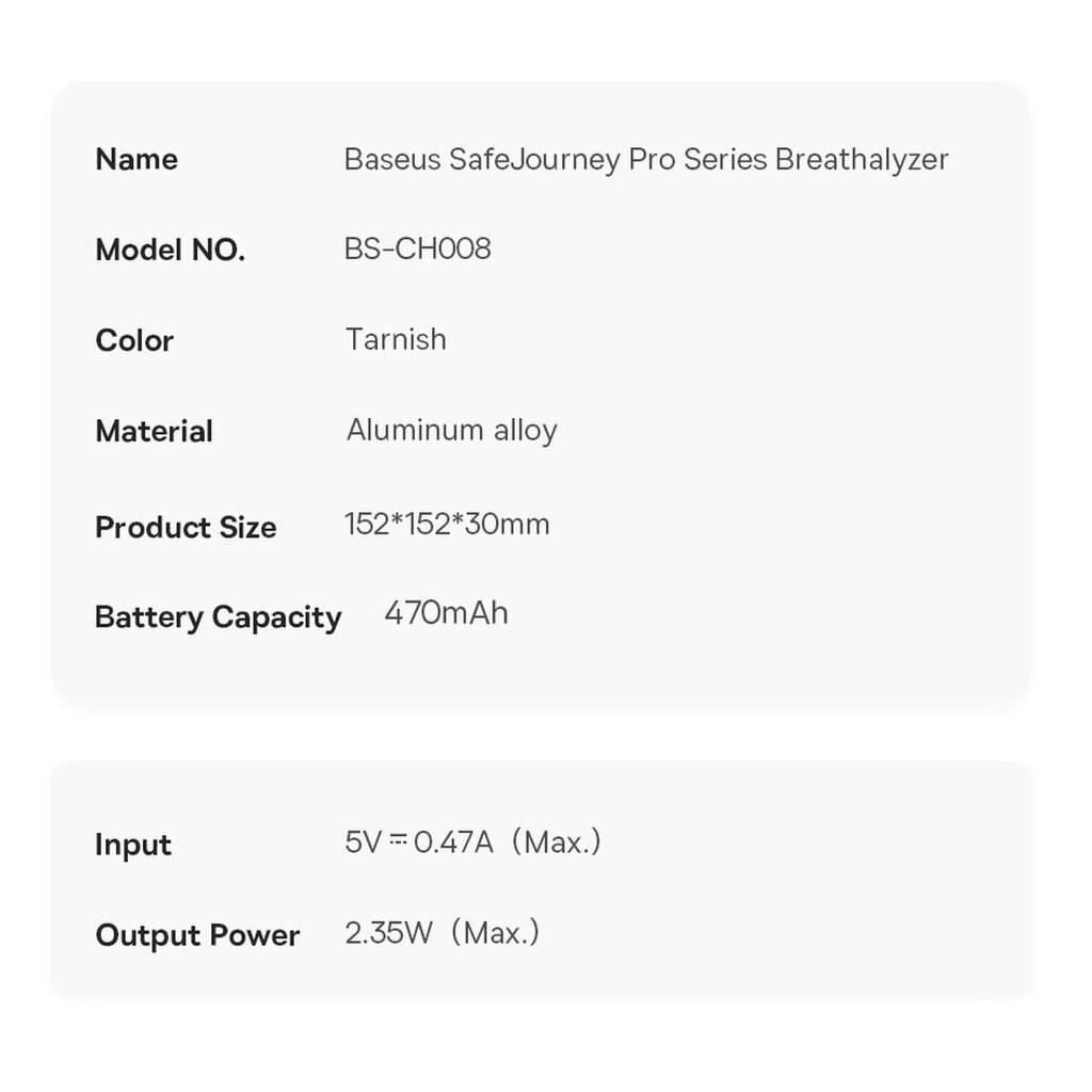 Baseus SafeJourney Pro elektroniskais alkometrs (pelēks) cena un informācija | Alkometri | 220.lv