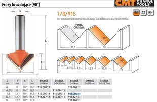 CMT jumta frēze HM D=9,5 I=12,7 A=90 S=8 cena un informācija | Frēzes | 220.lv