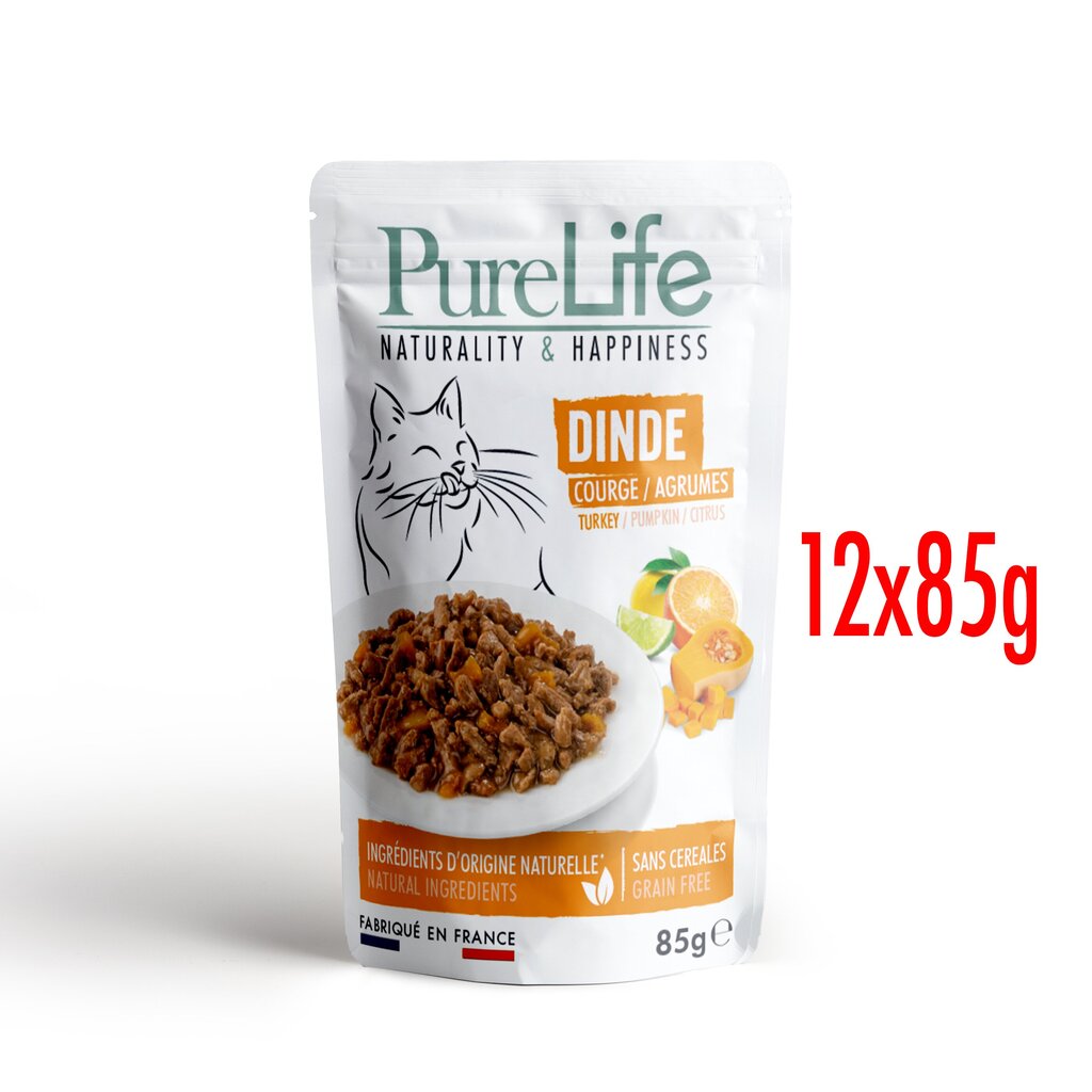 PureLife Tītars, ķirbis un citrusaugļi mercē, bez graudiem 12x85g cena un informācija | Konservi kaķiem | 220.lv