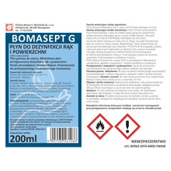 Šķidrums roku ādas dezinfekcijai un dekontaminācijai BOMASEPT G 200ml 10106481 cena un informācija | Tīrīšanas līdzekļi | 220.lv