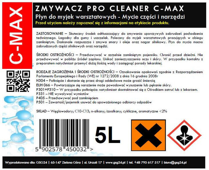 Šķidrs tīrīšanas līdzeklis detaļām un instrumentiem PRO CLEANER C-MAX 5L darbnīcas mazgātājam 10008691 cena un informācija | Tīrīšanas līdzekļi | 220.lv