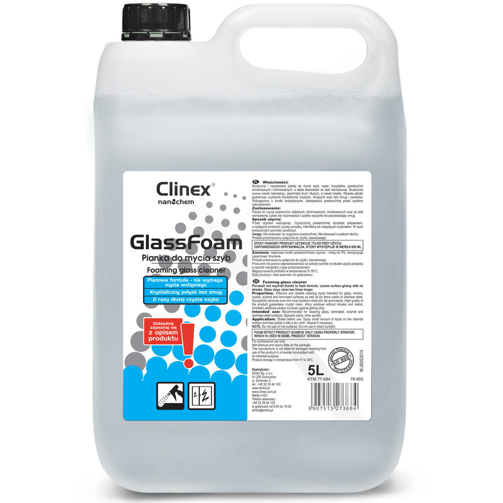 CLINEX Glass Foam 5L profesionālas putas spoguļstikla mazgāšanai bez svītrām un traipiem cena un informācija | Tīrīšanas līdzekļi | 220.lv
