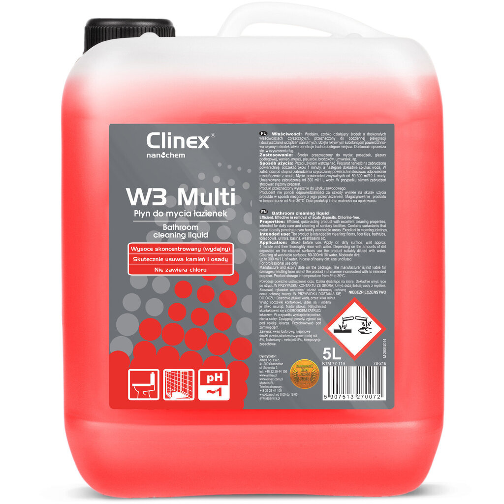 CLINEX W3 Multi 5L ir lielisks šķidrums vannas istabu un sanitāro ierīču mazgāšanai цена и информация | Tīrīšanas līdzekļi | 220.lv