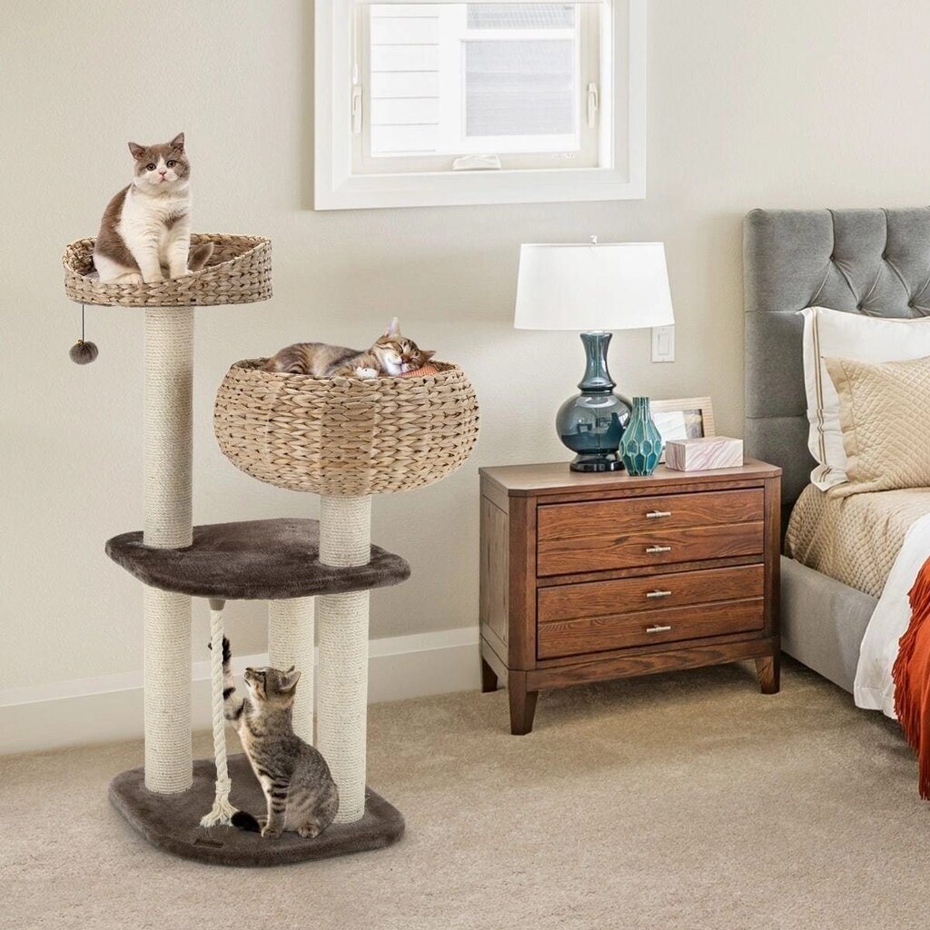 Kaķu skrāpējamais stabs ar grozu un gultu, 103,5 cm cena un informācija | Kaķu mājas, nagu asināmie | 220.lv