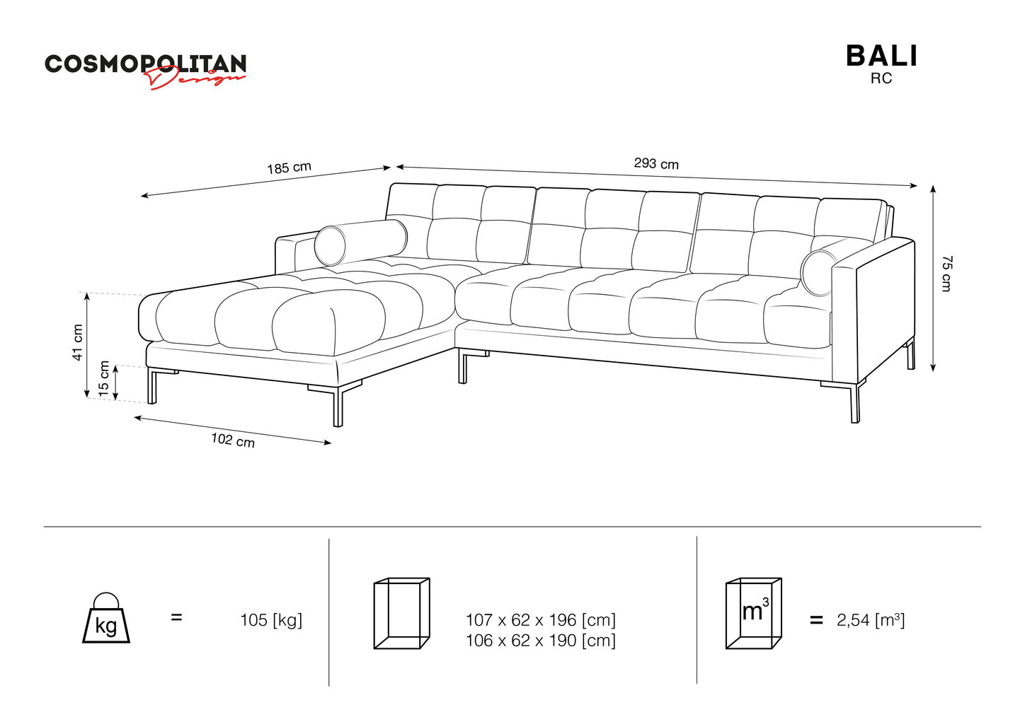 Piecvietīgs dīvāns Cosmopolitan Design Bali, pelēks cena un informācija | Dīvāni | 220.lv