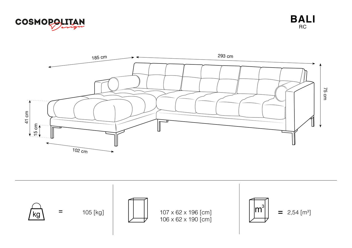 Piecvietīgs dīvāns Cosmpolitan design Bali, 5 Seats, pelēks cena un informācija | Dīvāni | 220.lv