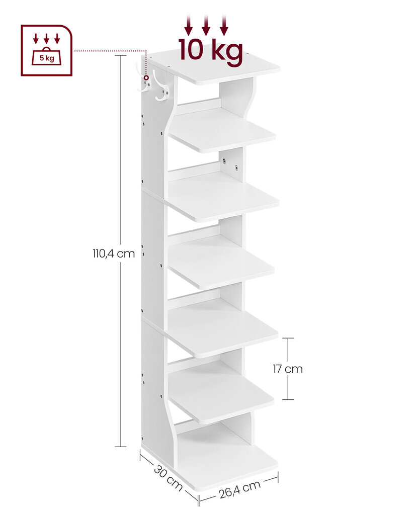 6 plauktu apavu statīvs Vasagle, 30 x 27 x 110 cm, balts cena un informācija | Apavu skapji, apavu plaukti, priekšnama soliņi | 220.lv