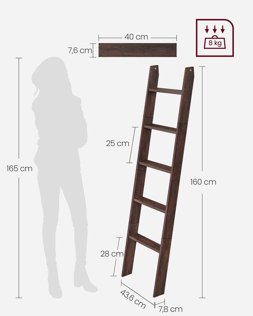 5 gabalu glabāšanas plaukts Vasagle, 160 x 44 x 8 cm, brūns cena un informācija | Plaukti | 220.lv