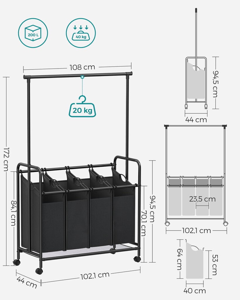 Plaukts ar 4 veļas groziem Vasagle, 108 x 44 x 172 cm, melns cena un informācija | Drēbju pakaramie | 220.lv