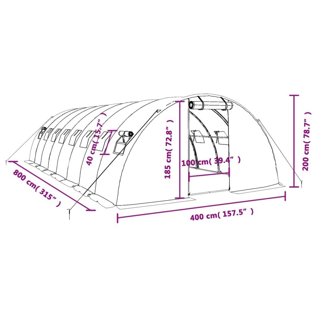 Siltumnīca vidaXL, 32 m², 8x4x2 m cena un informācija | Siltumnīcas | 220.lv