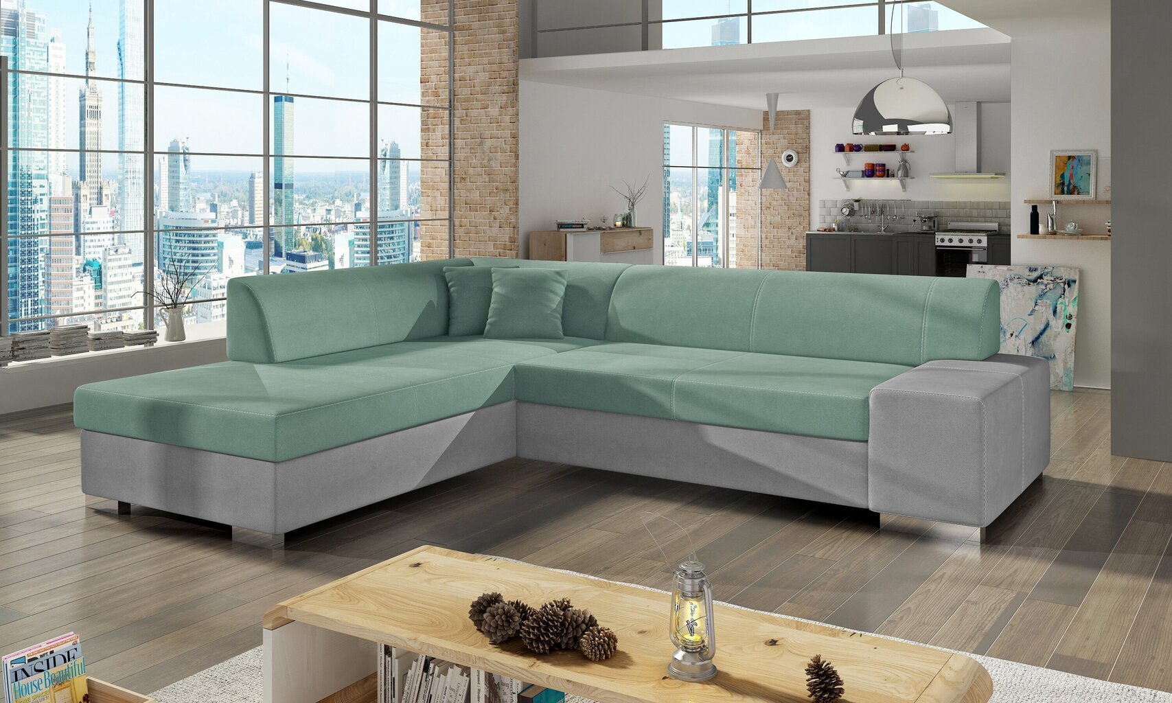 Stūra dīvāns Porto, zaļš/pelēks cena un informācija | Stūra dīvāni | 220.lv