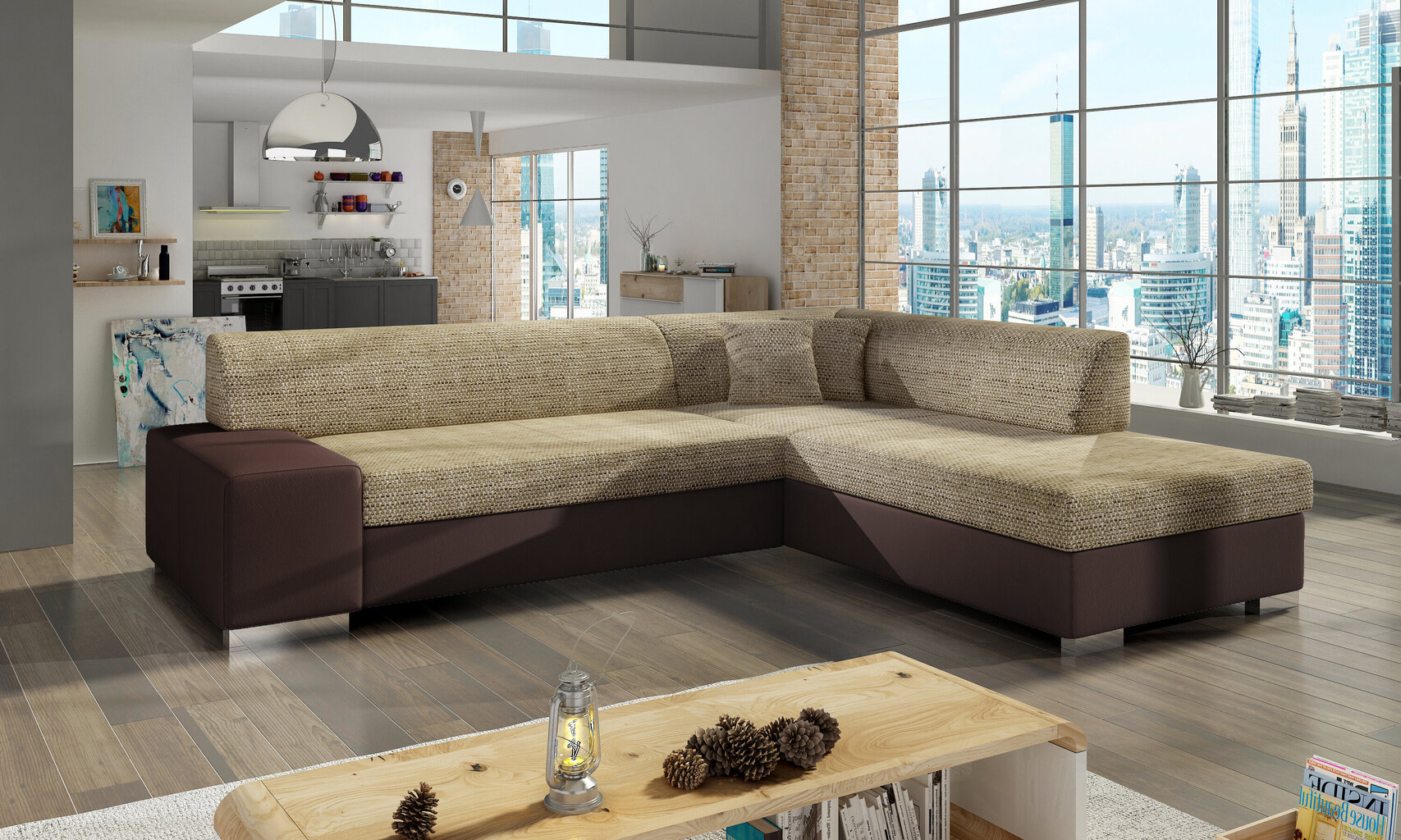 Stūra dīvāns Porto, smilšu/brūns cena un informācija | Stūra dīvāni | 220.lv