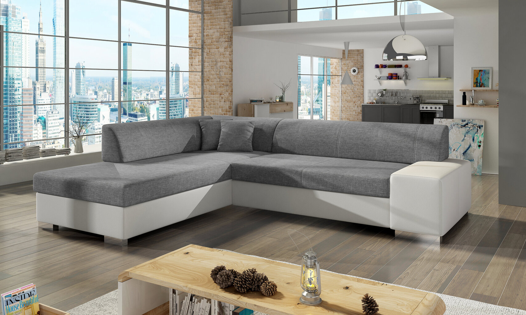 Stūra dīvāns Porto, balts/pelēks cena un informācija | Stūra dīvāni | 220.lv