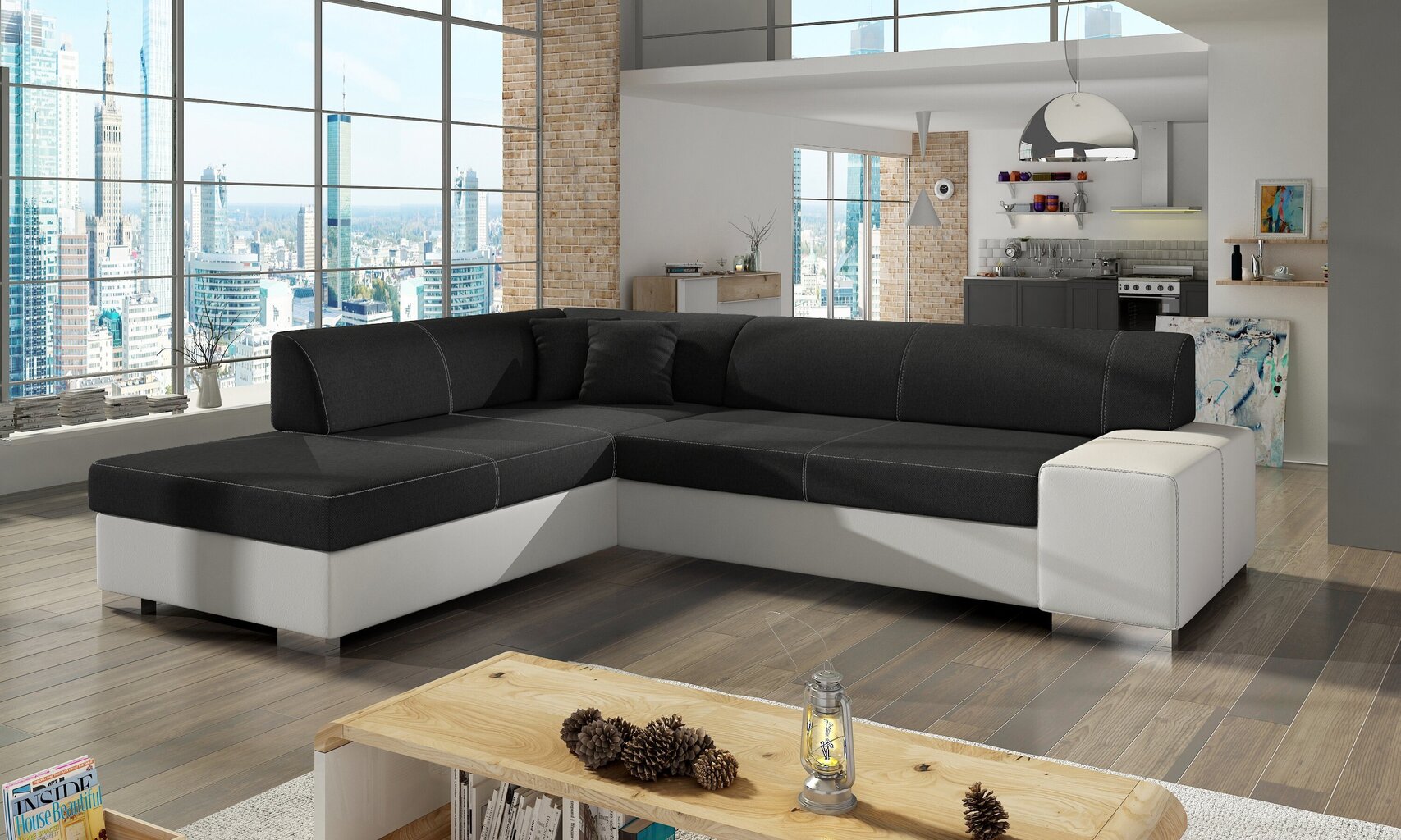 Stūra dīvāns Porto, melns/balts cena un informācija | Stūra dīvāni | 220.lv