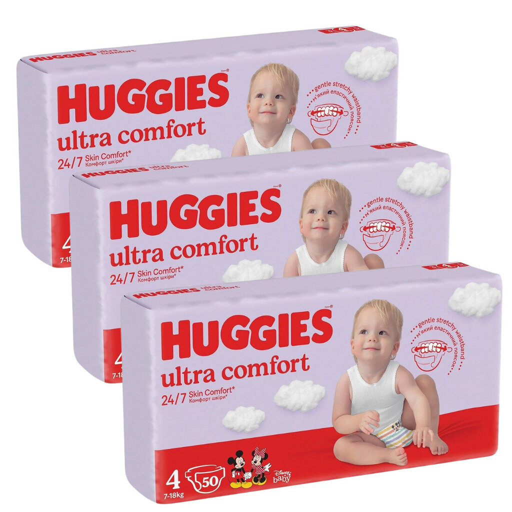 Autiņbiksītes Huggies Ultra Comfort 4, 7-18 kg, 150 gab cena un informācija | Autiņbiksītes | 220.lv
