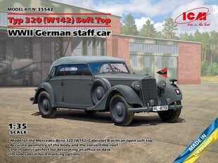 Līmējošais modelis ICM 35542 WWII German staff car Typ 320 (W142) Cabriolet Soft Top 1/35 цена и информация | Склеиваемые модели | 220.lv