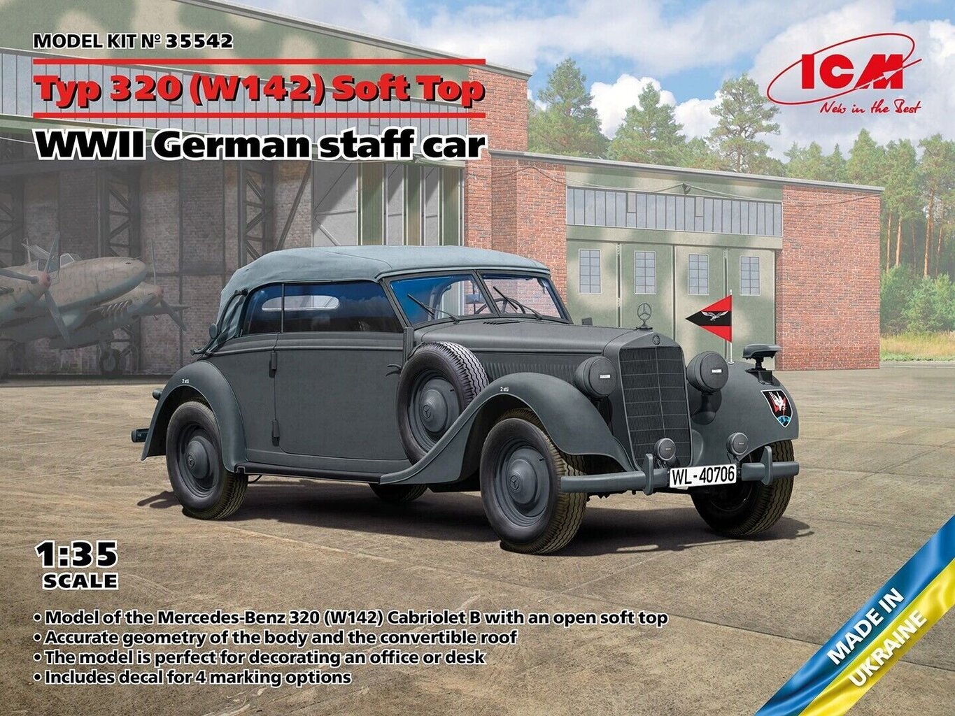 Līmējošais modelis ICM 35542 WWII German staff car Typ 320 (W142) Cabriolet Soft Top 1/35 cena un informācija | Līmējamie modeļi | 220.lv