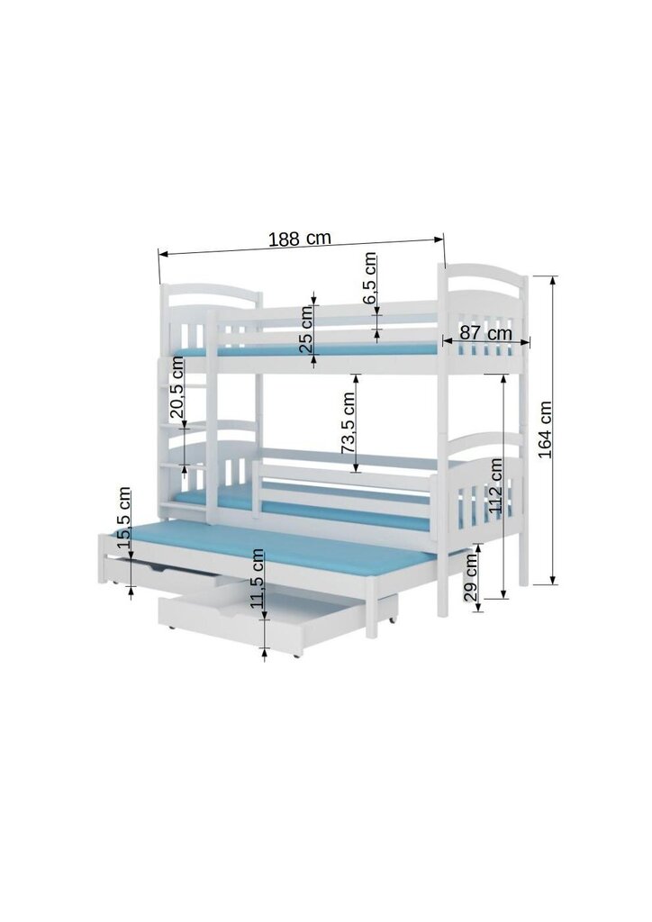 Divstāvu gulta Adrk Furniture Aldo, 80x180 cm, balta cena un informācija | Bērnu gultas | 220.lv