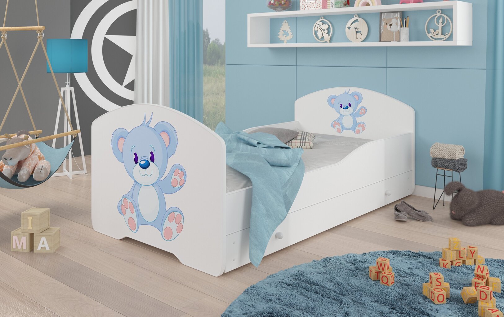 Bērnu gulta Adrk Furniture Pepe blue Bear, 70x140 cm, balta cena un informācija | Bērnu gultas | 220.lv