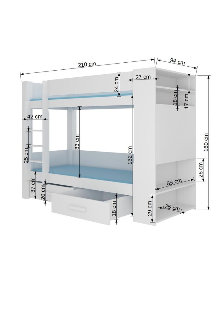 Divstāvu gulta Adrk Furniture Garet ar matraci, 80x180 cm, balta/melna cena un informācija | Bērnu gultas | 220.lv