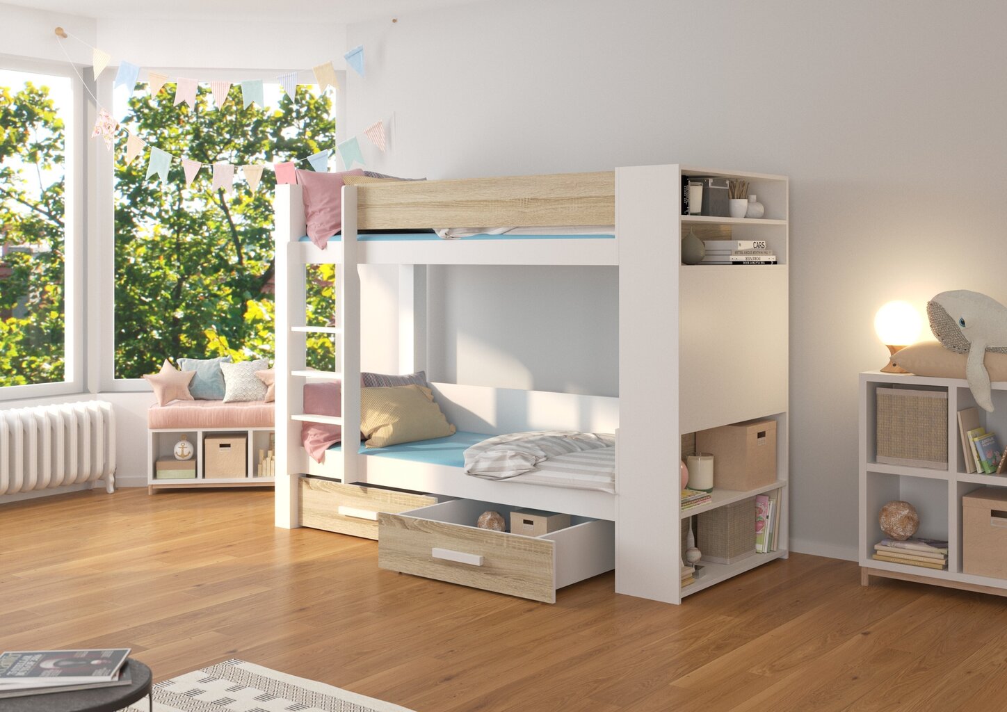 Divstāvu gulta ADRK Furniture Garet, 90x200 cm, balta/brūna цена и информация | Bērnu gultas | 220.lv