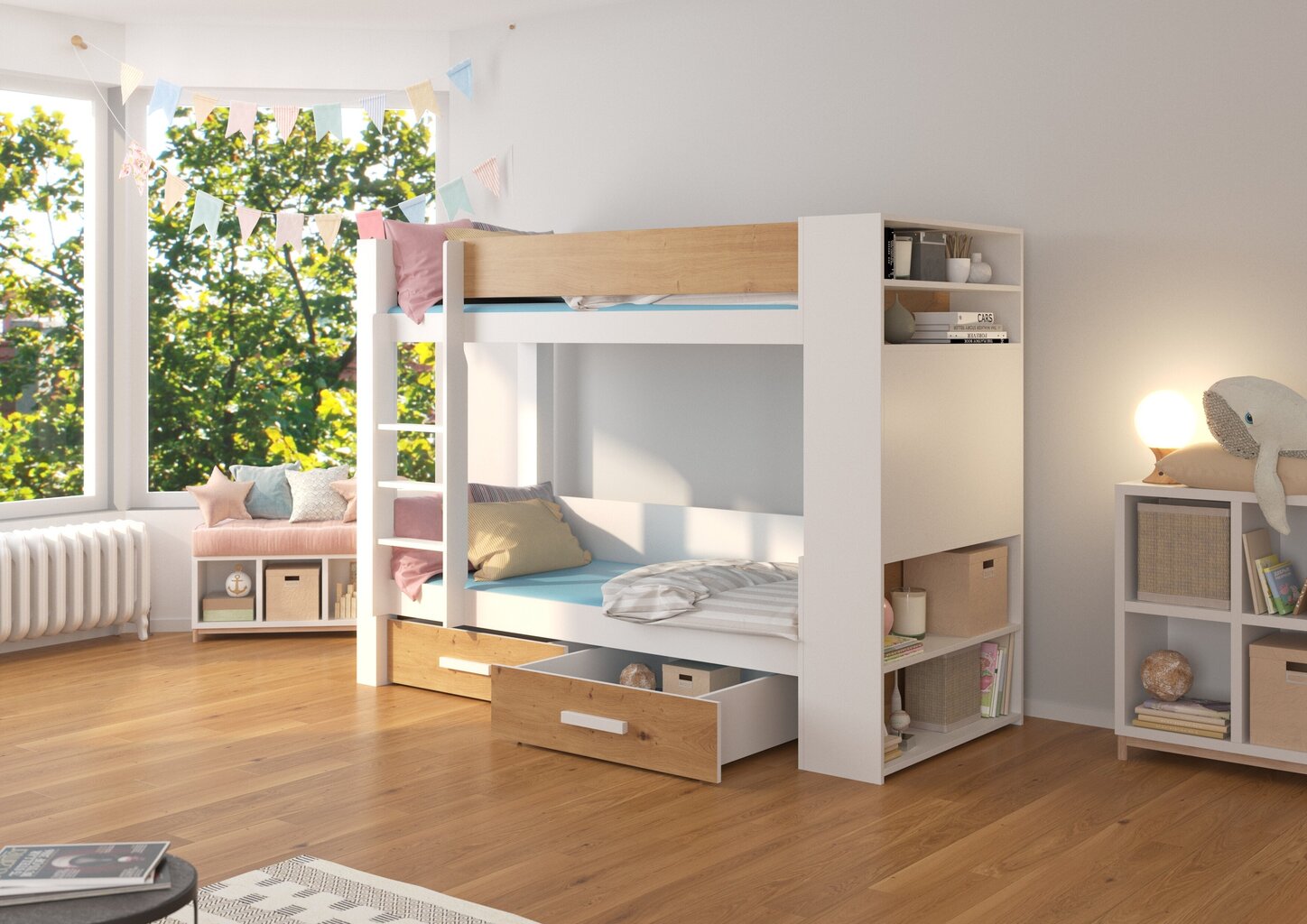 Divstāvu gulta Adrk Furniture Garet, 90x200 cm, balta/brūna цена и информация | Bērnu gultas | 220.lv