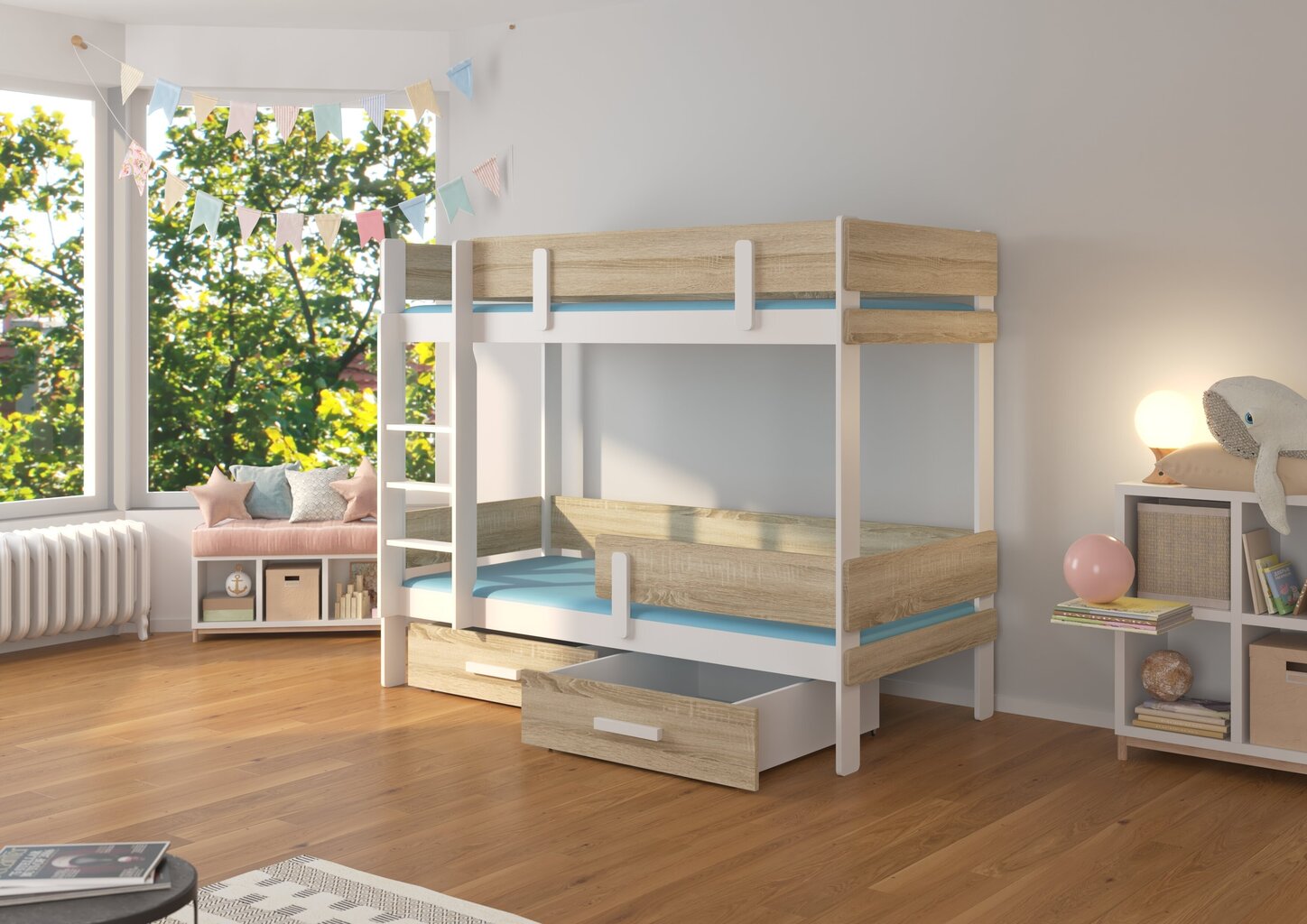 Divstāvu gulta Adrk Furniture Etiona ar matraci, 90x200 cm, balta/brūna cena un informācija | Bērnu gultas | 220.lv