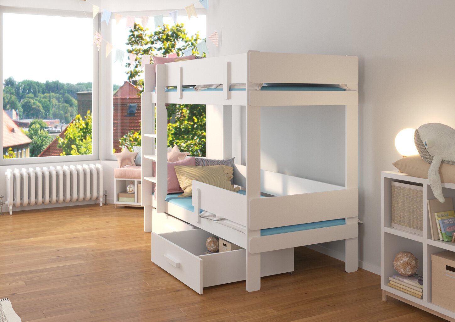 Divstāvu gulta Adrk Furniture Etiona, 80x180 cm, balta/rozā cena un informācija | Bērnu gultas | 220.lv