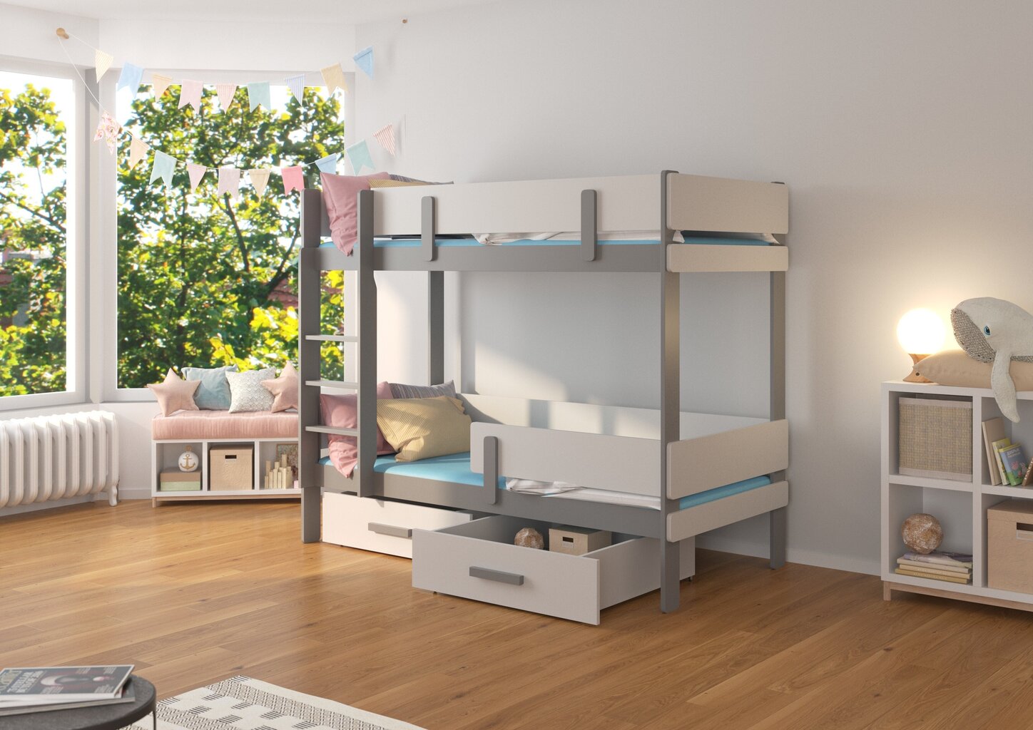 Divstāvu gulta Adrk Furniture Etiona, 80x180 cm, balta/pelēka cena un informācija | Bērnu gultas | 220.lv