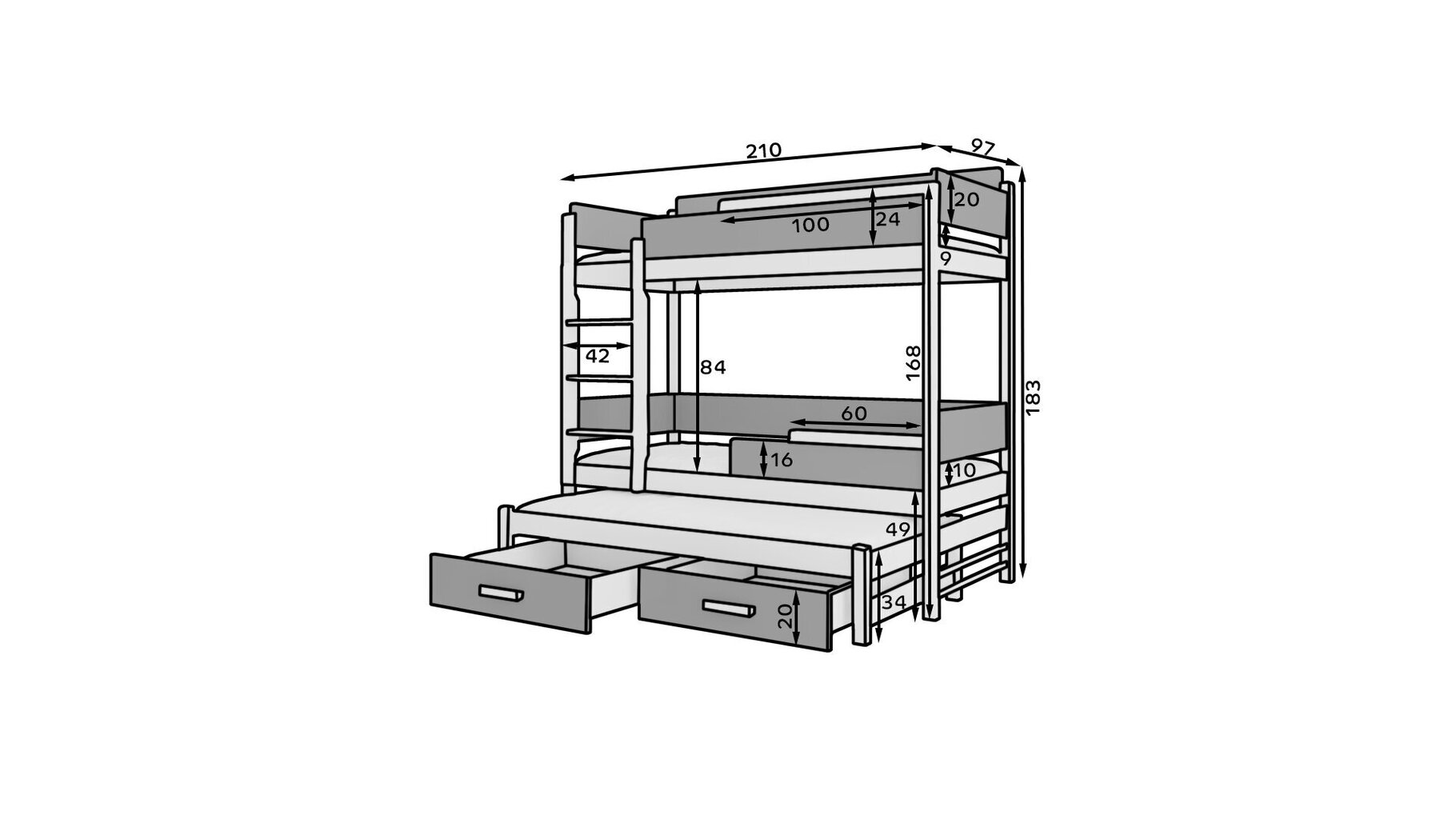 Divstāvu gulta ADRK Furniture Queen ar matraci, 90x200 cm, balta/rozā cena un informācija | Bērnu gultas | 220.lv