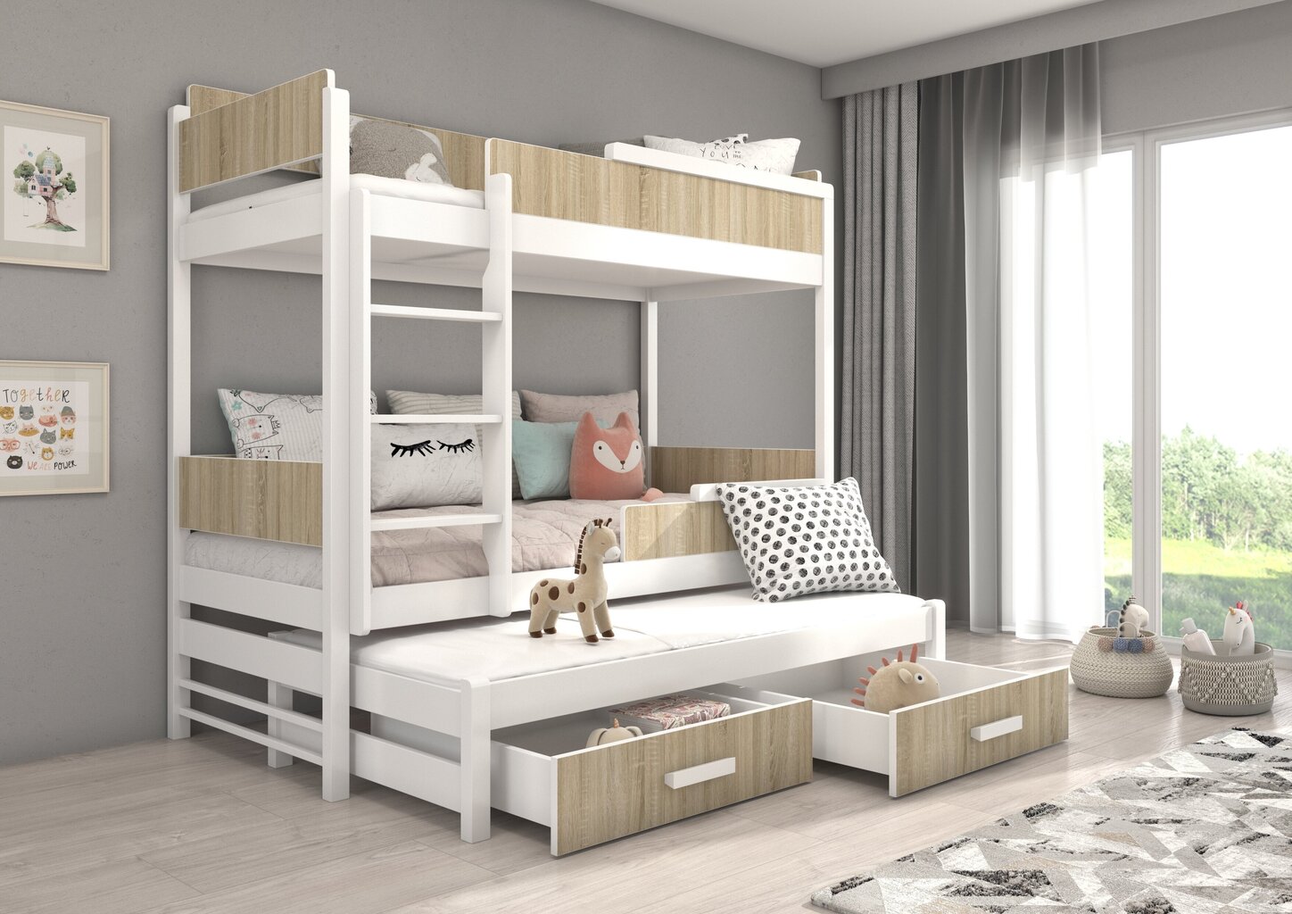 Divstāvu gulta ADRK Furniture Queen ar matraci, 80x180 cm, balta/brūna cena un informācija | Bērnu gultas | 220.lv