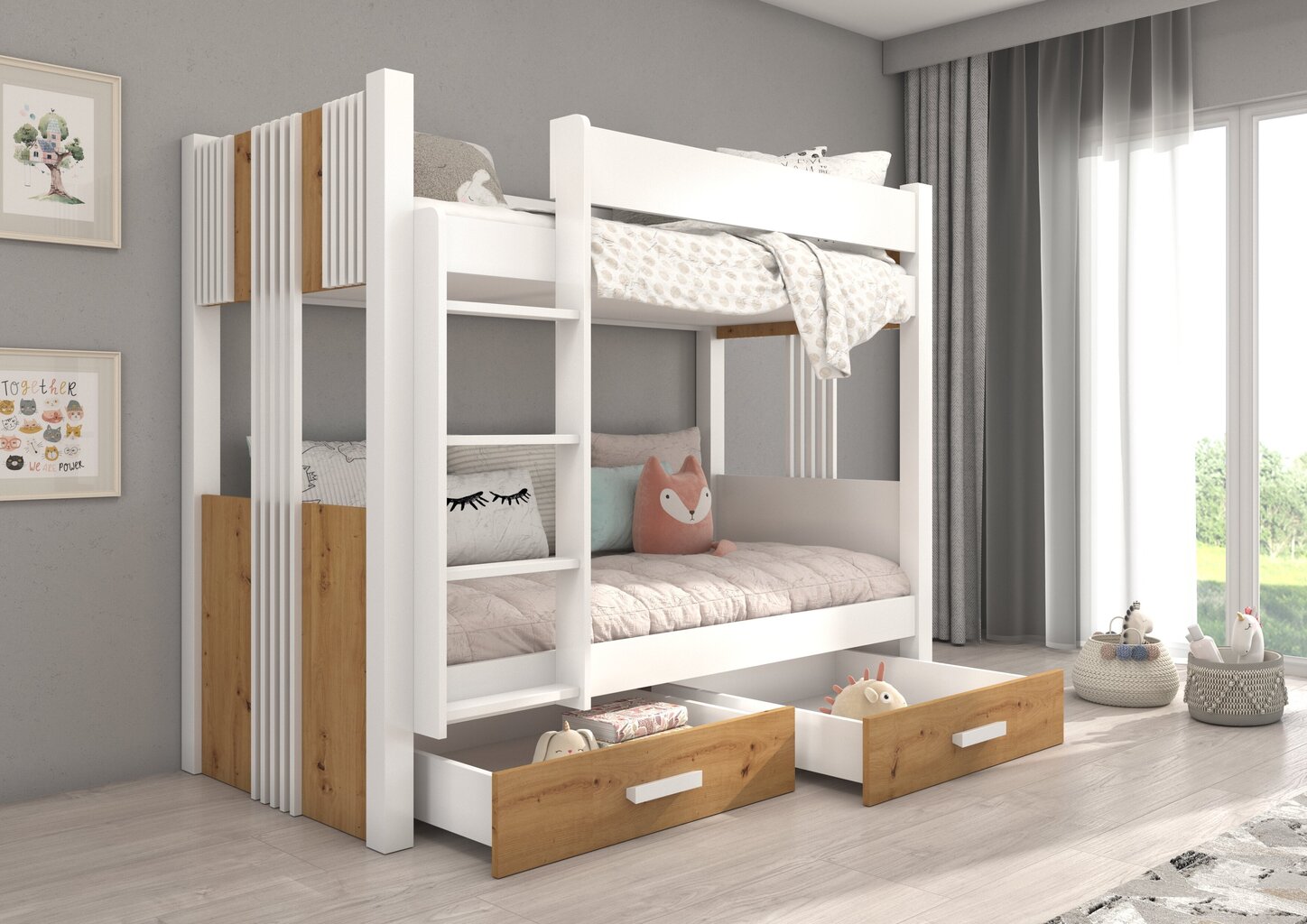 Divstāvu gulta ADRK Furniture Arta ar matraci, 90x200 cm, balta/brūna cena un informācija | Bērnu gultas | 220.lv