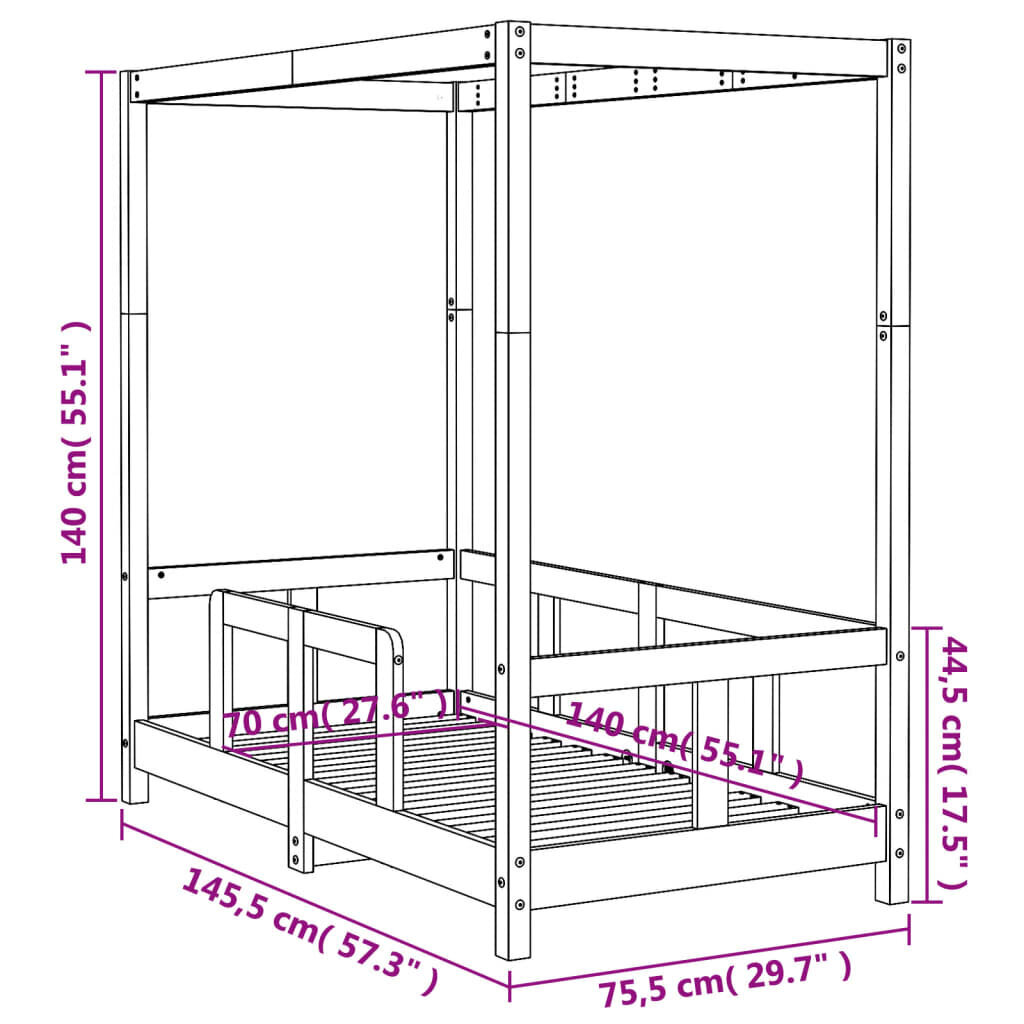 vidaXL bērnu gultas rāmis, priedes masīvkoks, 70x140 cm cena un informācija | Bērnu gultas | 220.lv