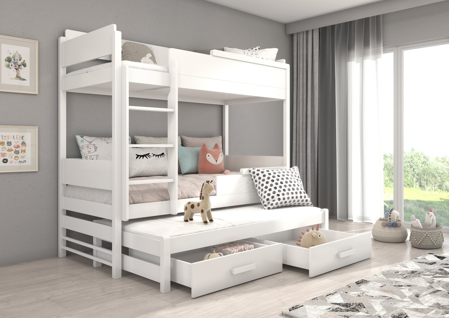 Divstāvu gulta ADRK Furniture Queen ar matraci, 90x200 cm, balta cena un informācija | Bērnu gultas | 220.lv