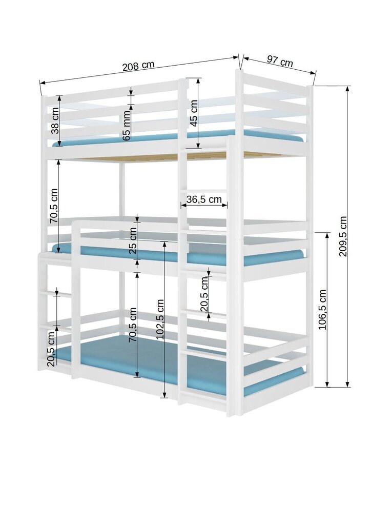 Divstāvu gulta Adrk Furniture Tedro, 90x200 cm, pelēka cena un informācija | Bērnu gultas | 220.lv
