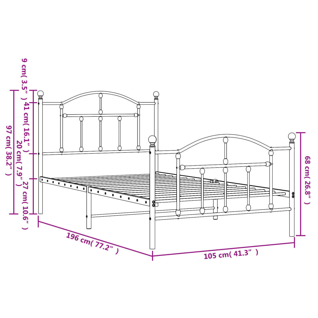 vidaXL gultas rāmis ar galvgali un kājgali, balts metāls, 100x190 cm cena un informācija | Gultas | 220.lv