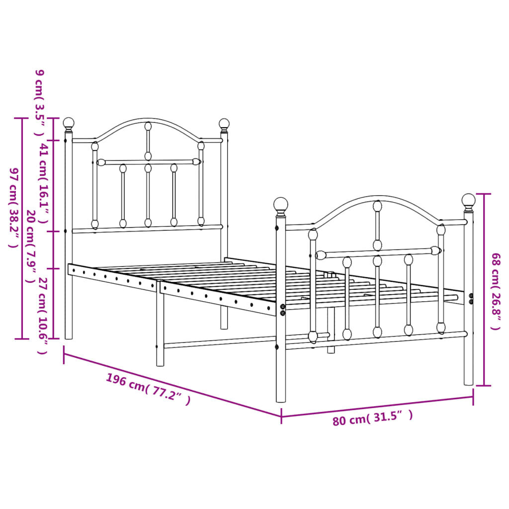 vidaXL gultas rāmis ar galvgali un kājgali, melns metāls, 75x190 cm цена и информация | Gultas | 220.lv