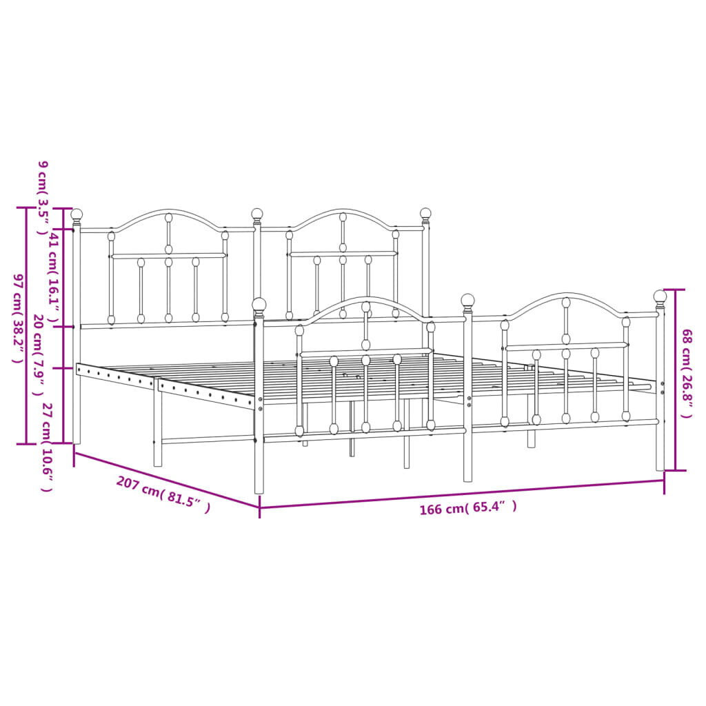 vidaXL gultas rāmis ar galvgali un kājgali, balts metāls, 160x200 cm cena un informācija | Gultas | 220.lv