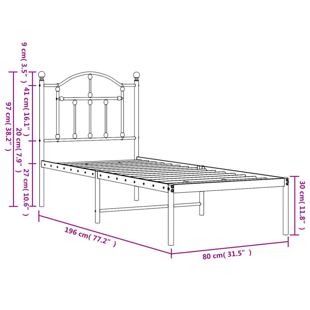 vidaXL gultas rāmis ar galvgali, melns metāls, 75x190 cm cena un informācija | Gultas | 220.lv