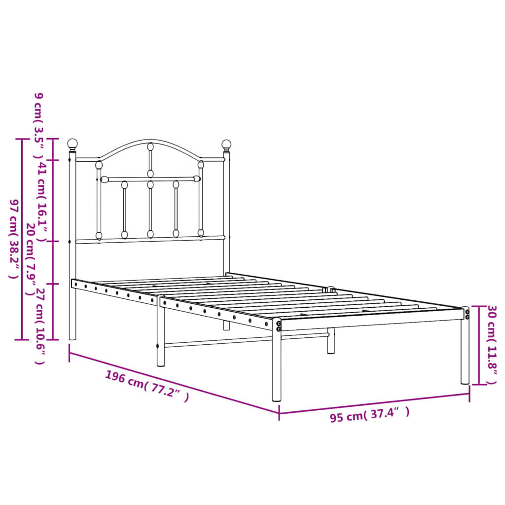 vidaXL gultas rāmis ar galvgali, melns metāls, 90x190 cm cena un informācija | Gultas | 220.lv