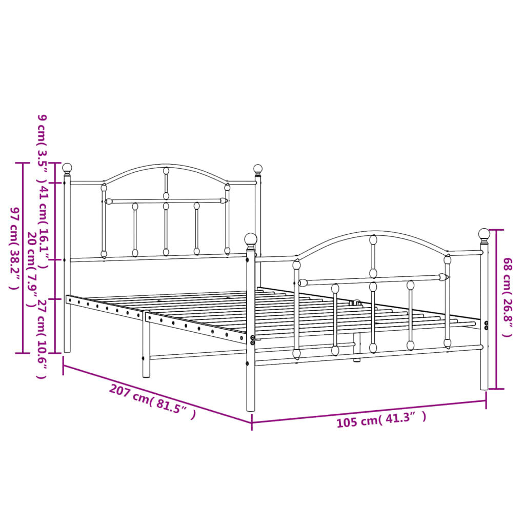 vidaXL gultas rāmis ar galvgali un kājgali, balts metāls, 100x200 cm cena un informācija | Gultas | 220.lv