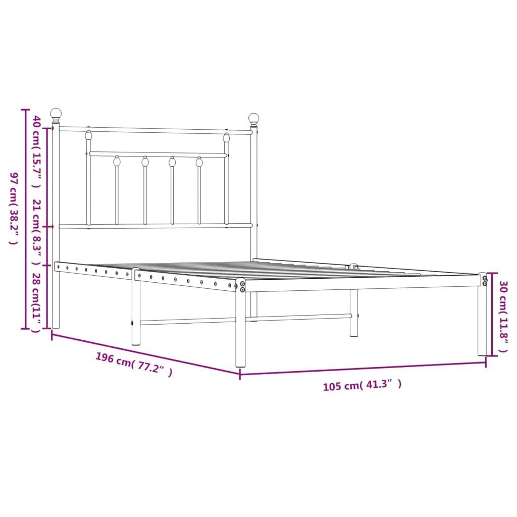 vidaXL gultas rāmis ar galvgali, balts metāls, 100x190 cm cena un informācija | Gultas | 220.lv