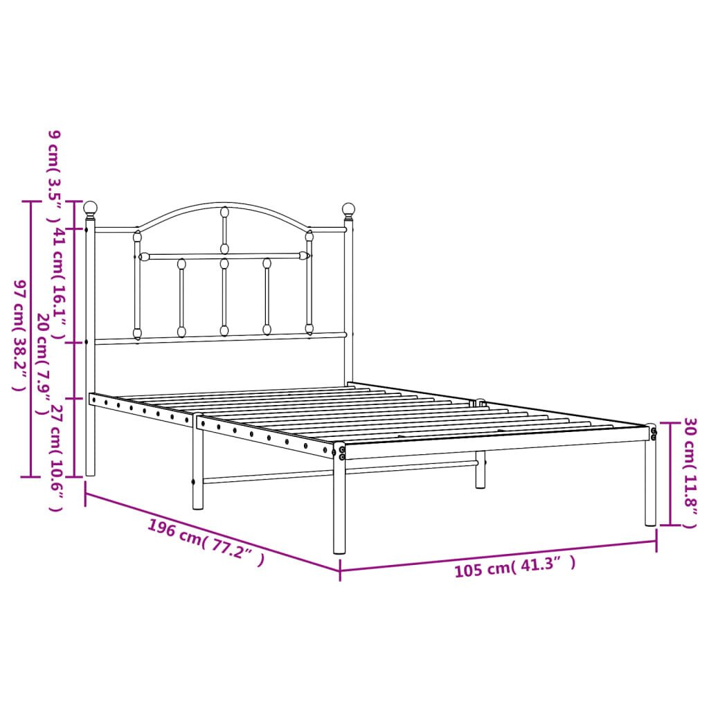 vidaXL gultas rāmis ar galvgali, balts metāls, 100x190 cm cena un informācija | Gultas | 220.lv