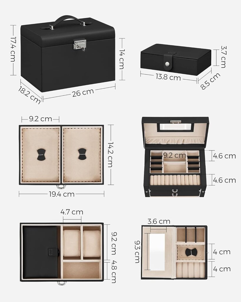 Mākslīgās ādas rotu kastīte JBC121B, melna cena un informācija | Interjera priekšmeti | 220.lv